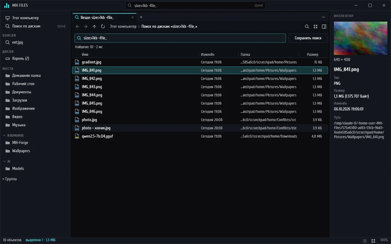 Поиск по дискам: запрос size:>1kb -file_ нашёл 10 файлов за 2 мс